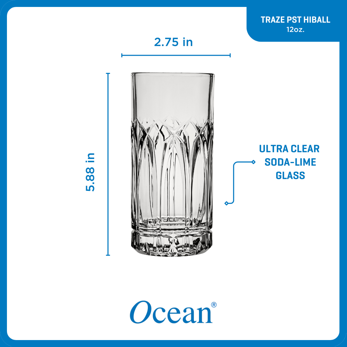 Ocean Glassware Traze PST Highball Glasses (4-Pieces), 12-ounce, Dishwasher Safe